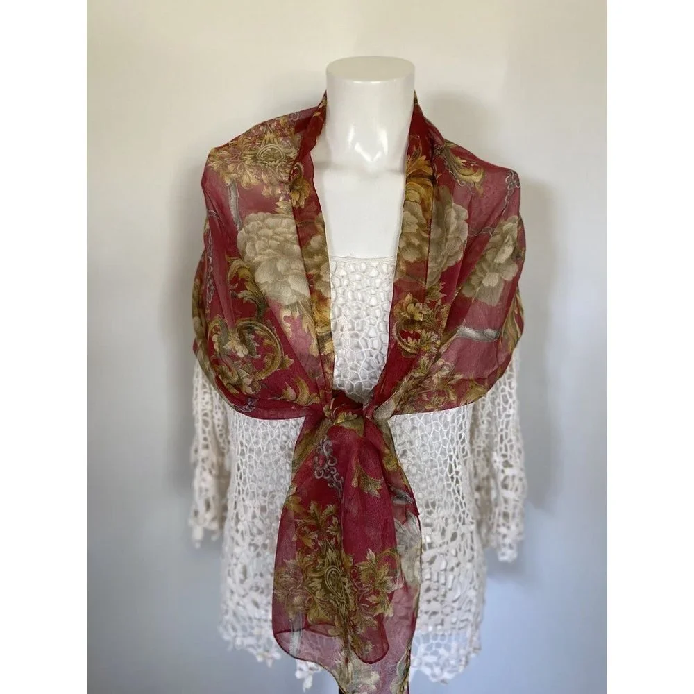 Ray Strauss Scarf Sheer Burgundy Beige‎ Yellow Flowers Rectangle 60